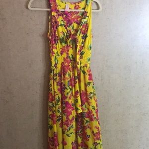 A yellow flowy dress with flowers!
